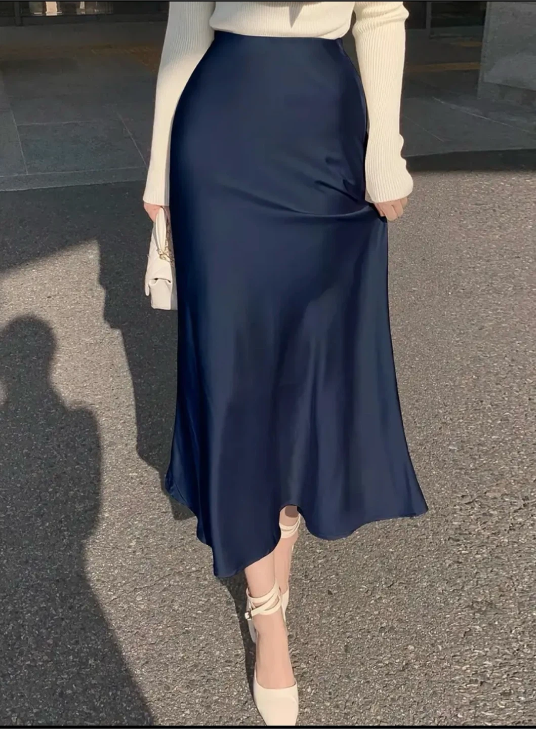 Navy Blue Satin Midi Skirt
