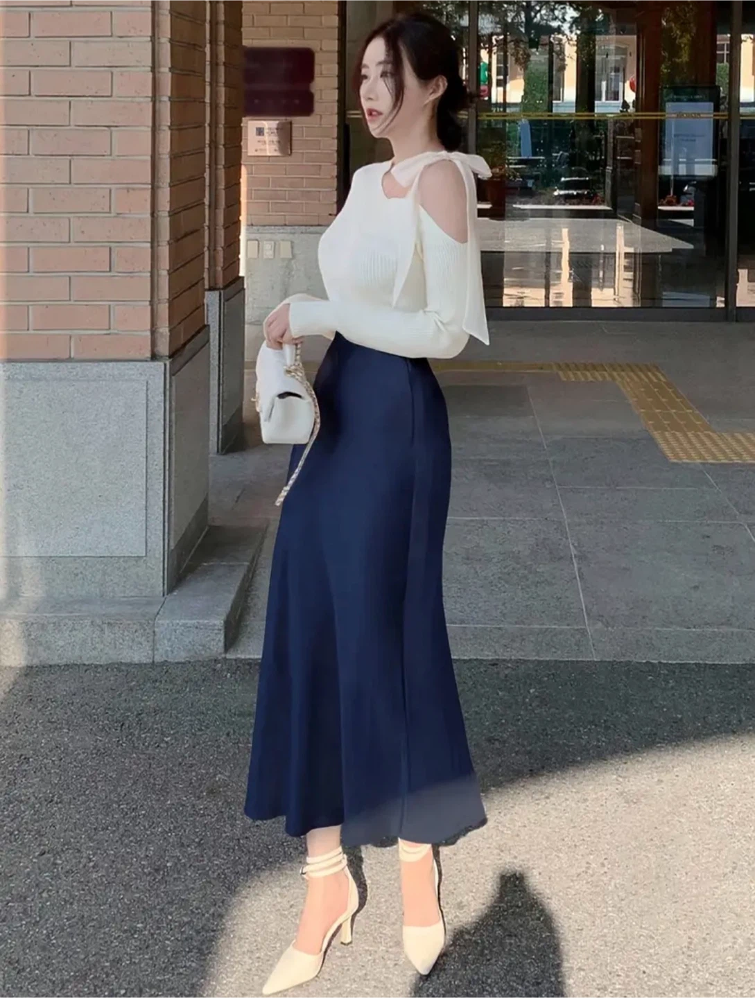 Navy Blue Satin Midi Skirt - photo 2