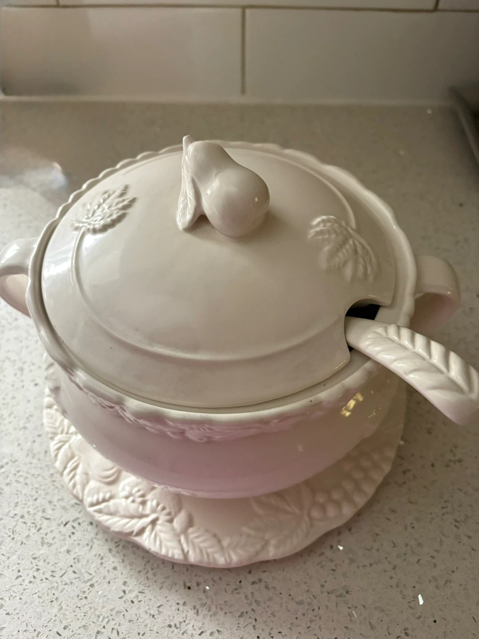 Ceramic Soup Tureen with Matching Plate and Ladle