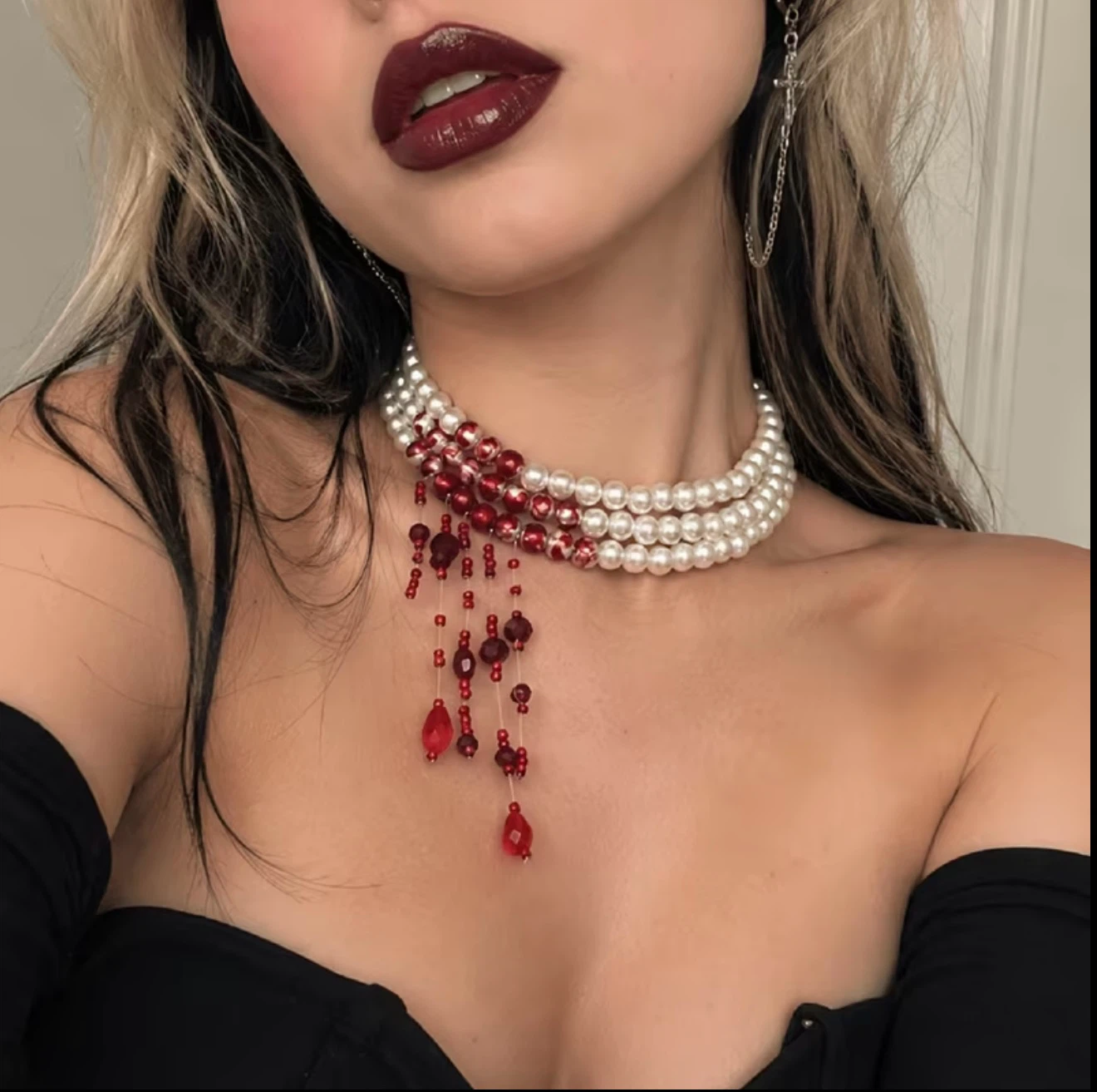 Three-Layer Pearl and Red Beaded Choker Necklace