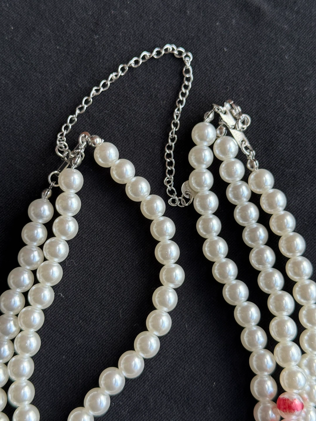 Three-Layer Pearl and Red Beaded Choker Necklace - photo 5