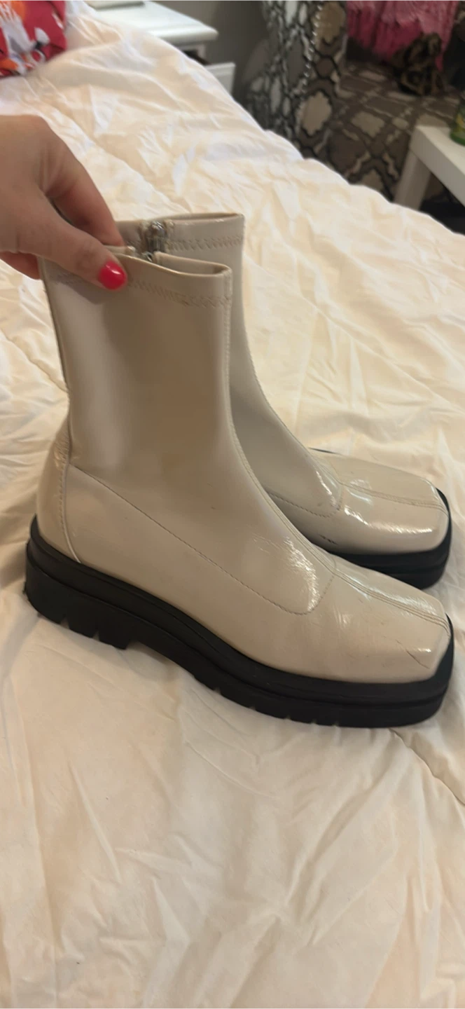 Cream Patent Ankle Boots