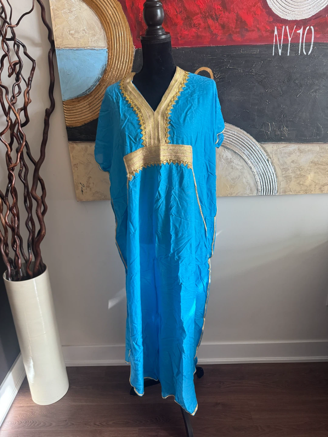 💙✨ Blue & Gold Long Moroccan Dress – One Size