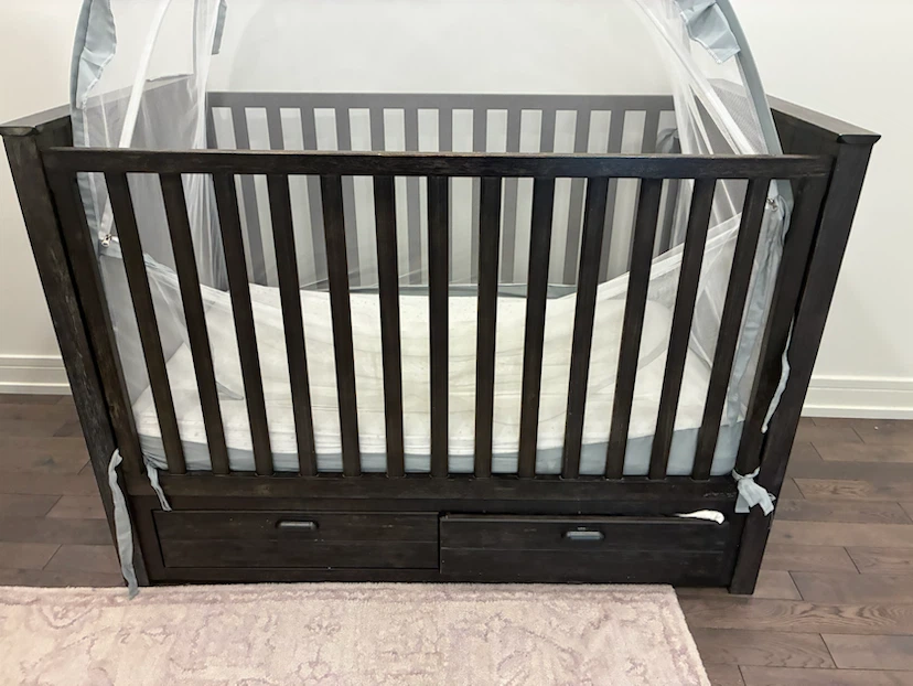 Dark Wood Crib with Storage and Mosquito Net