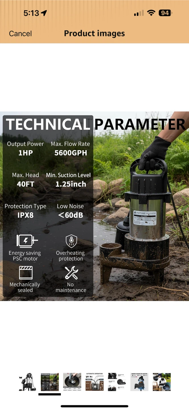 FOTING 1HP Submersible Sump Pump - photo 2