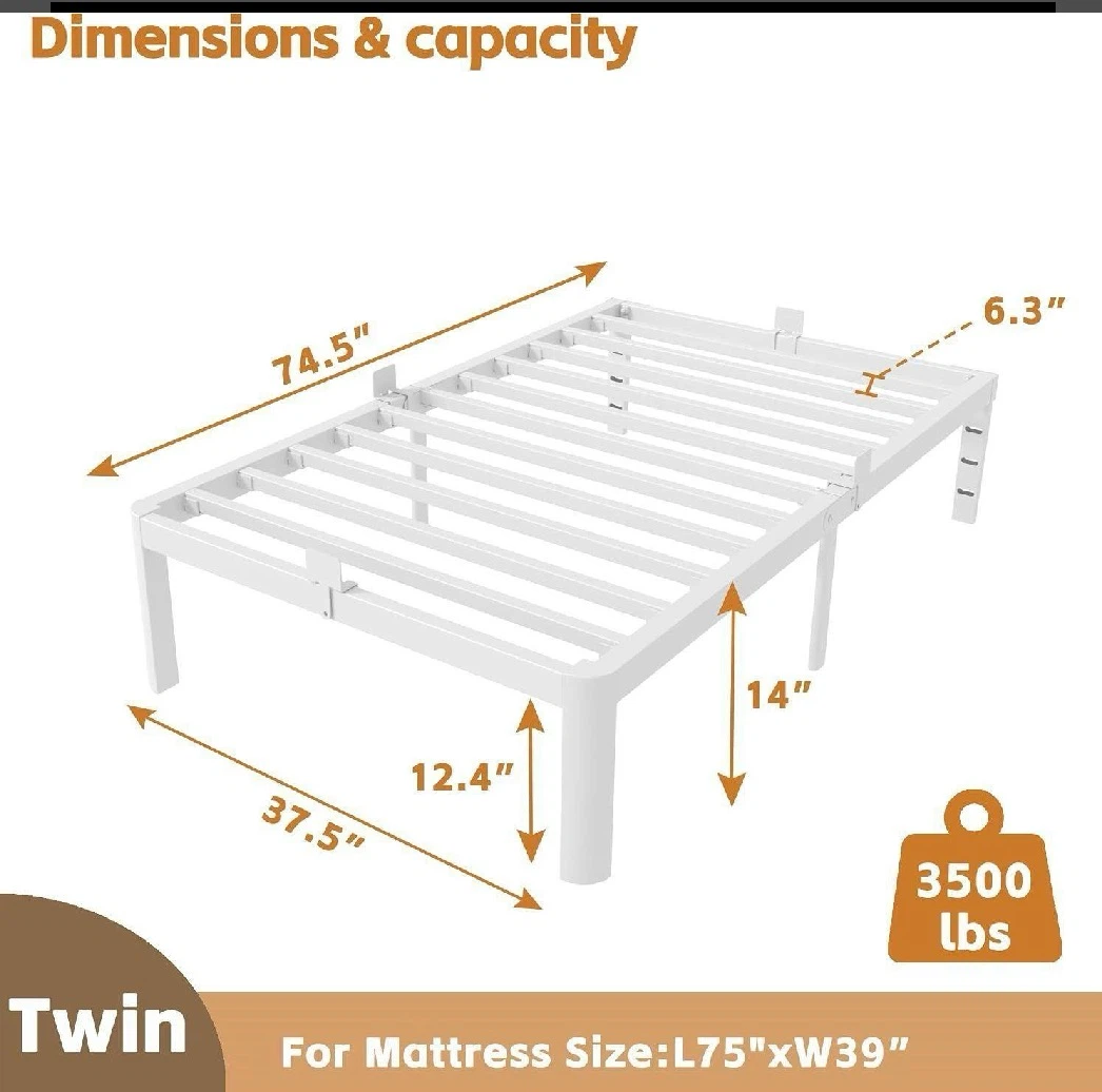 14” White Twin Metal Bed Frame - Heavy Duty - photo 2