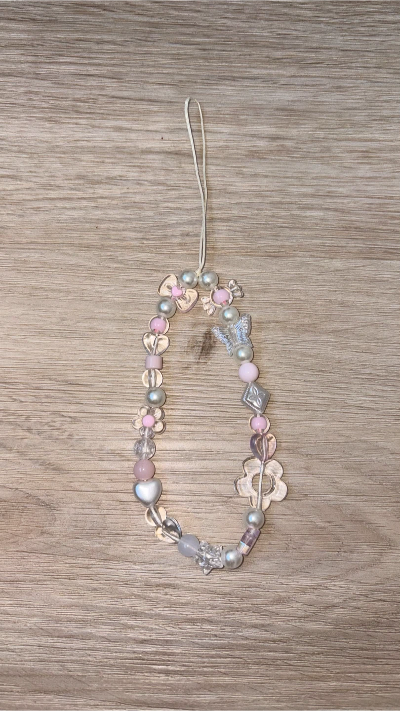 Pink and White Beaded Phone Charm
