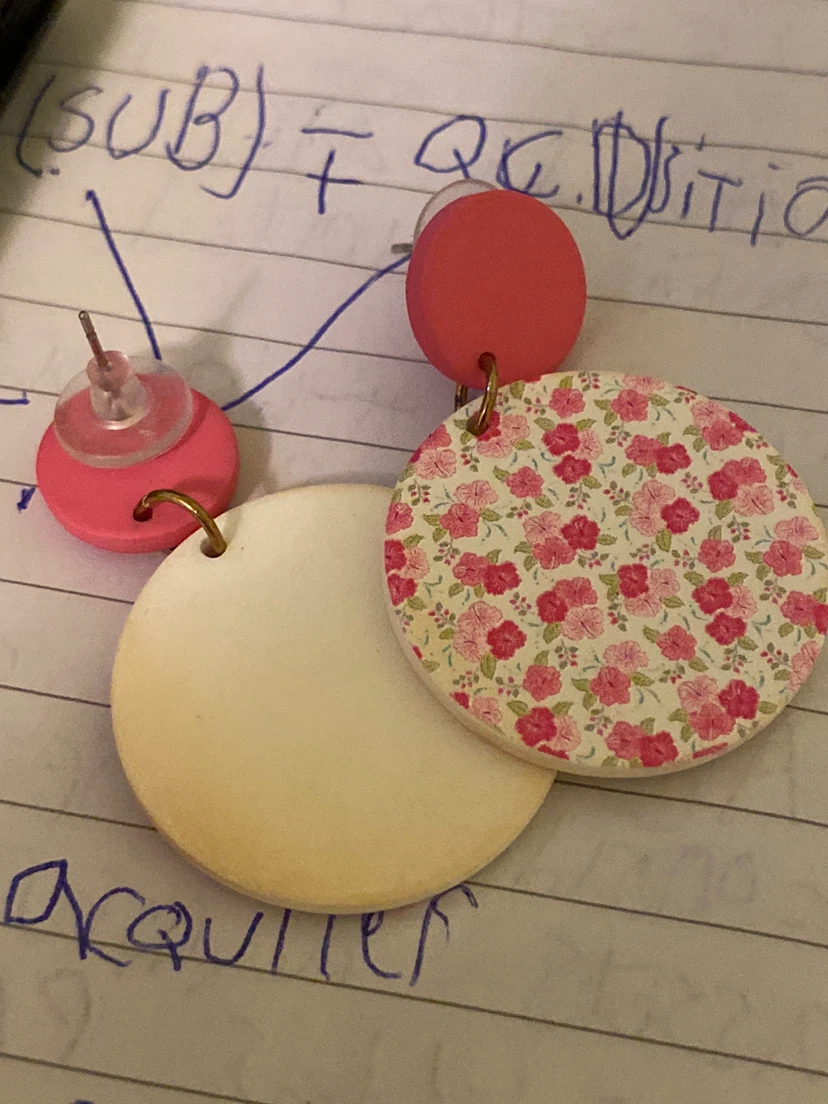 Pink and Floral Disc Drop Earrings