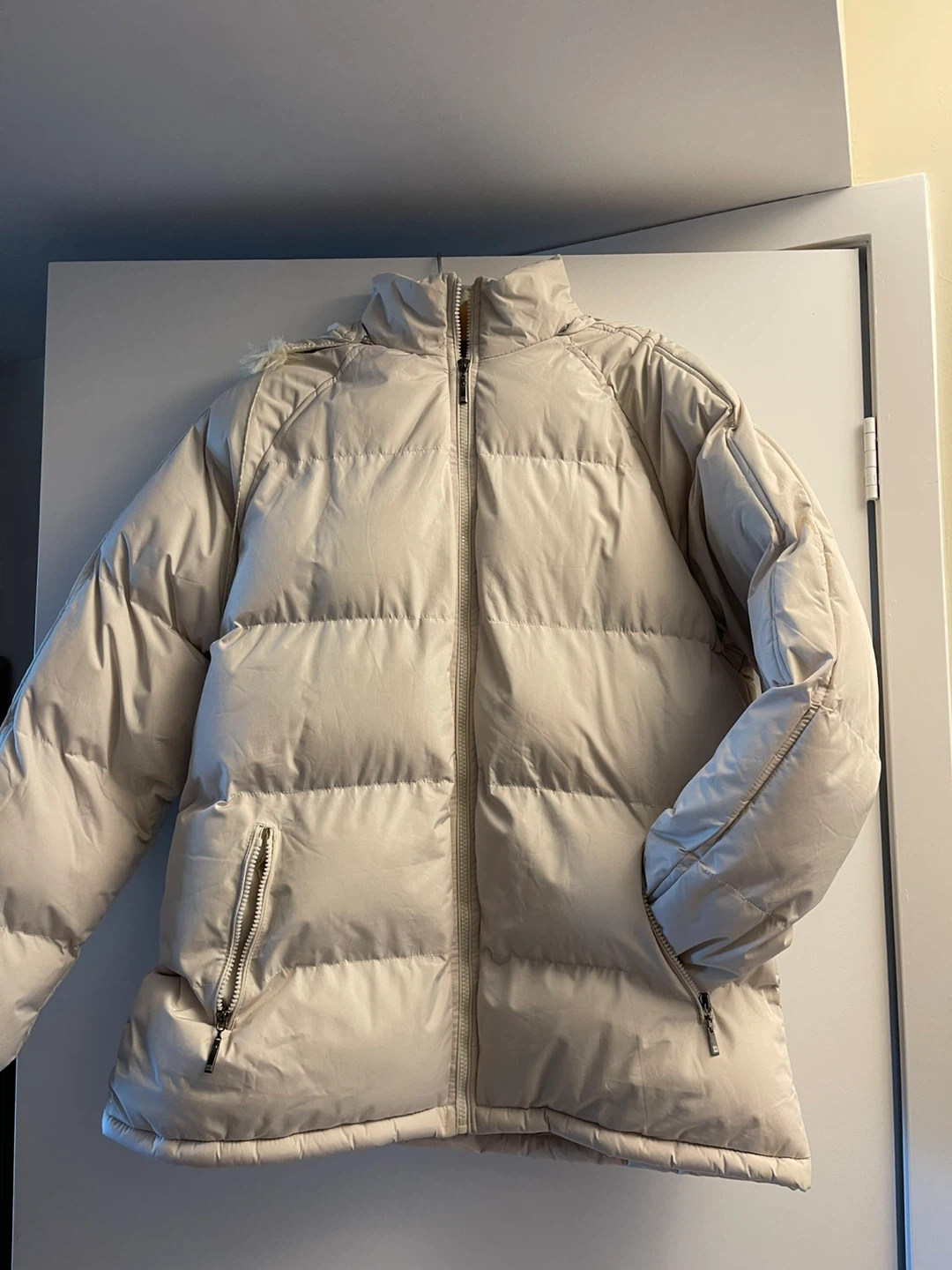 Cream Puffer Jacket with Faux Fur Trim