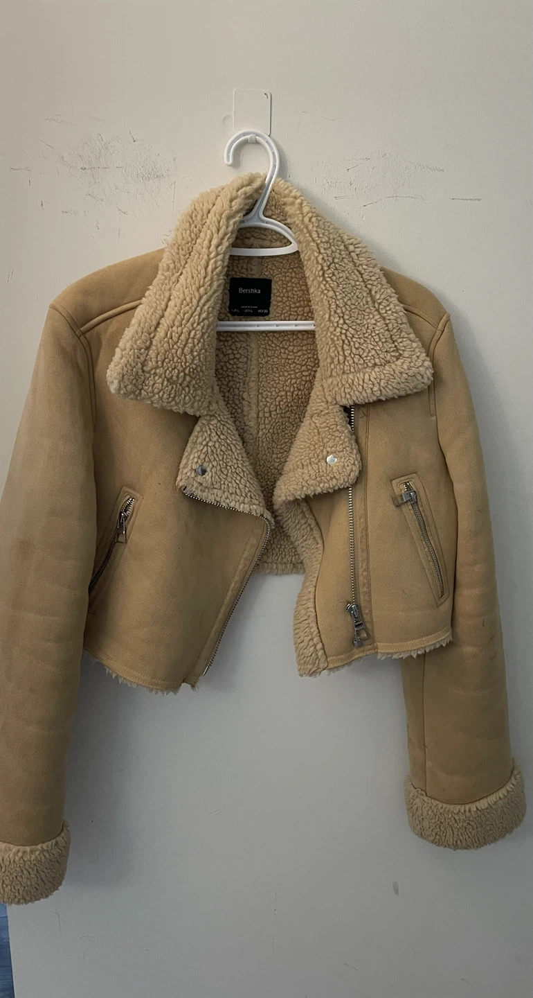 Bershka tan faux-suede shearling crop jacket