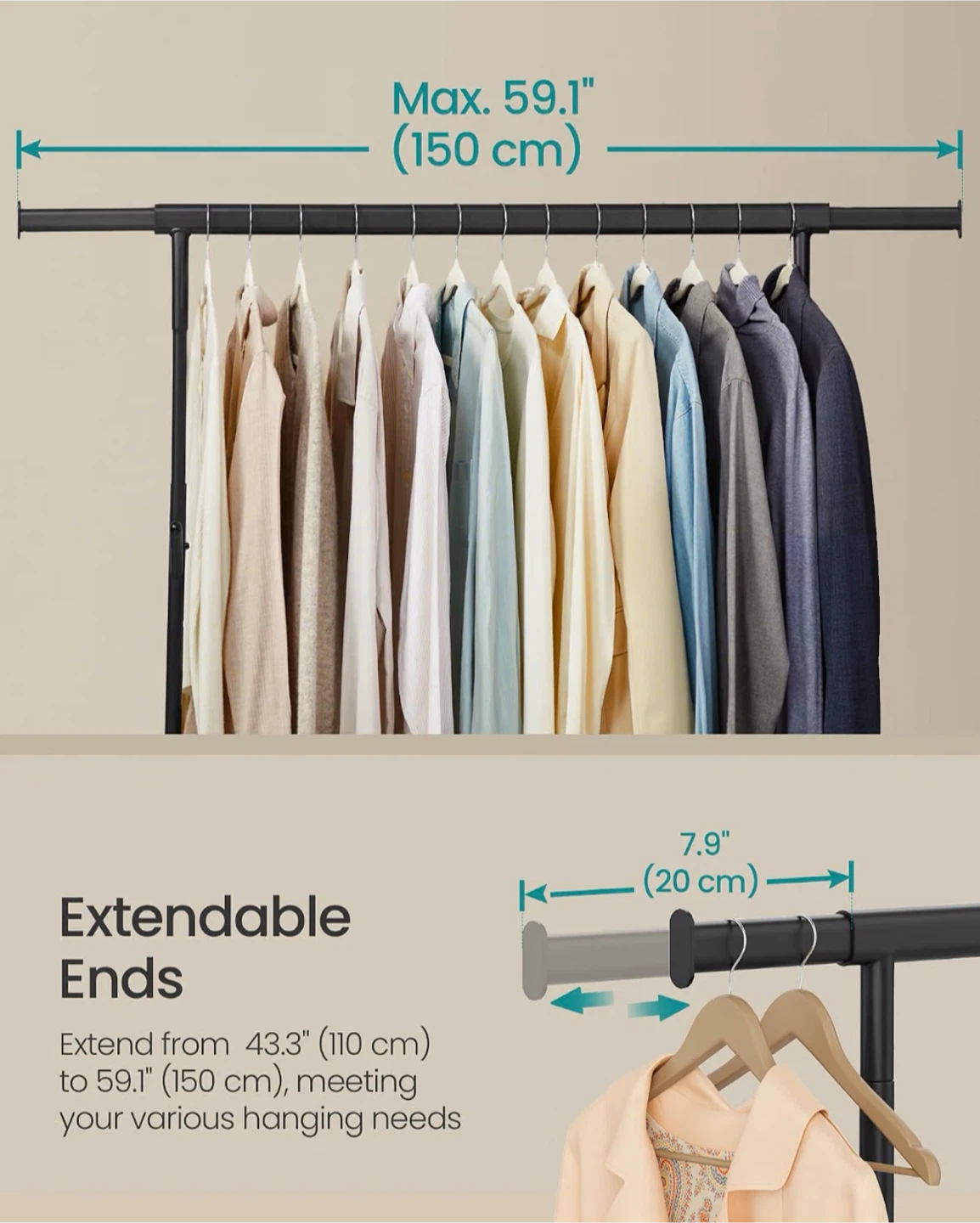 Extendable Black Metal Rolling Garment Rack - photo 5