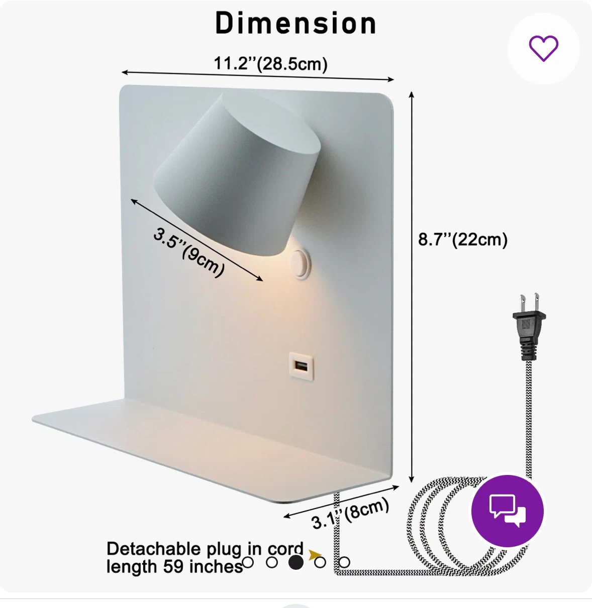 Rotatable LED Wall Sconce with Shelf and USB - photo 4