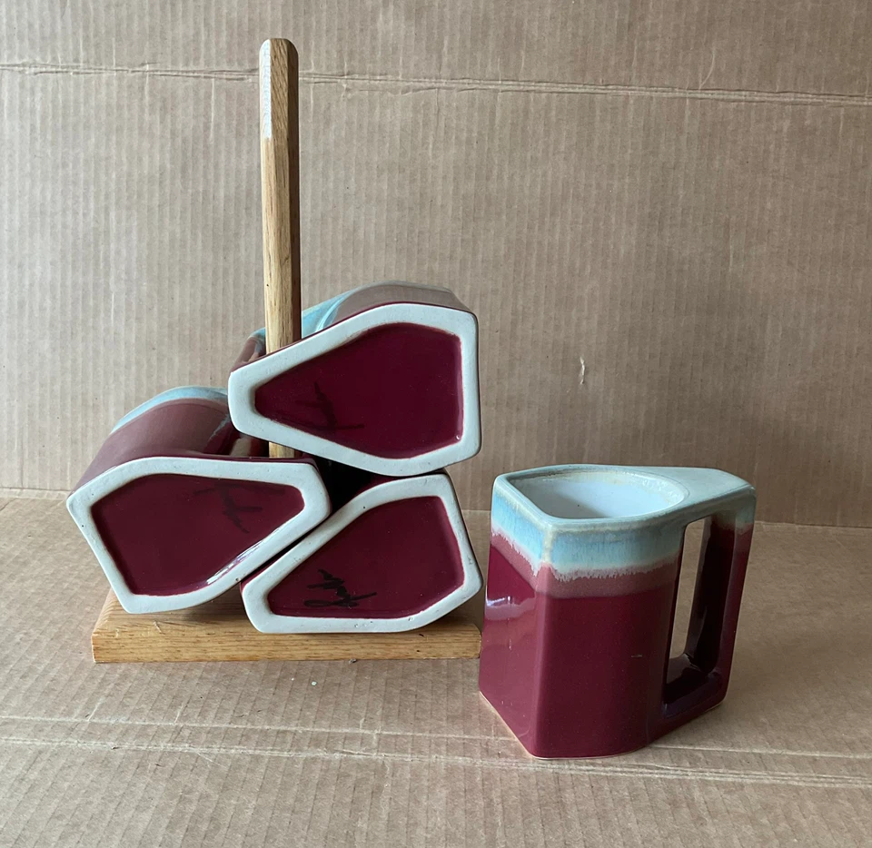 Vintage Rodolfo Padilla Stacking Mugs Set with Wood Stand 1980’s