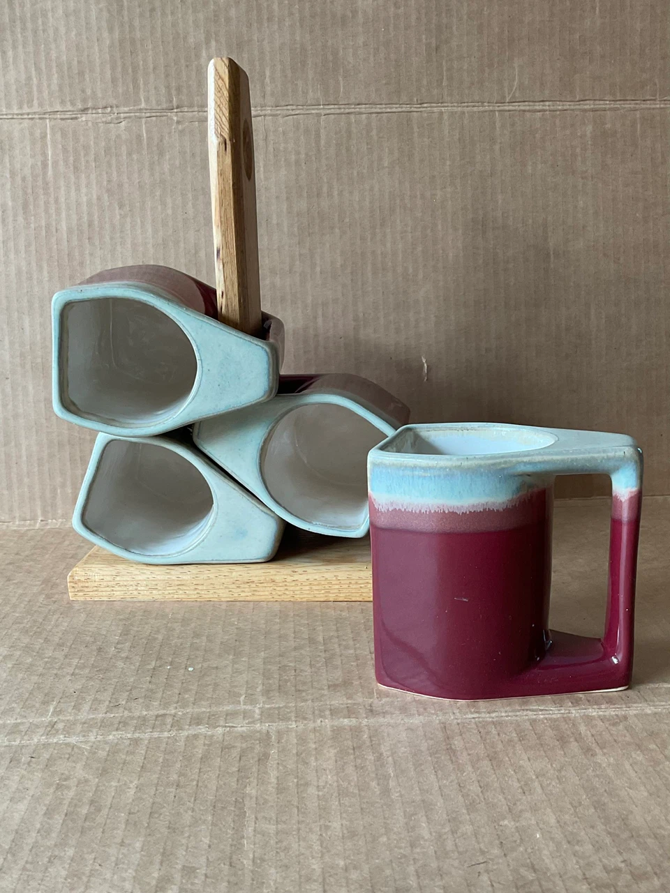Vintage Rodolfo Padilla Stacking Mugs Set with Wood Stand 1980’s - photo 2