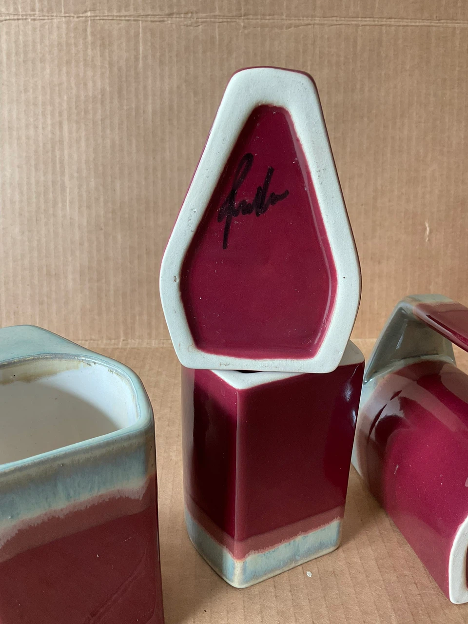 Vintage Rodolfo Padilla Stacking Mugs Set with Wood Stand 1980’s - photo 4