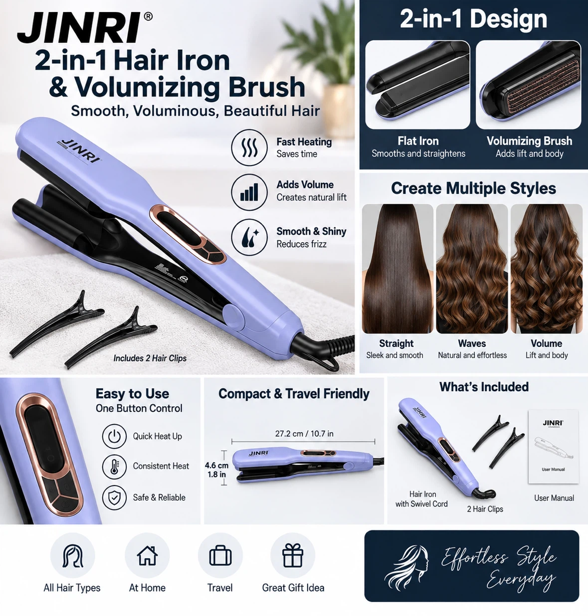 JINRI 2-in-1 Hair Iron & Volumizing Brush