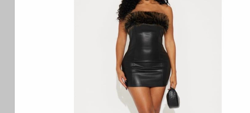 Black Faux Leather Strapless Dress with Faux Fur Trim