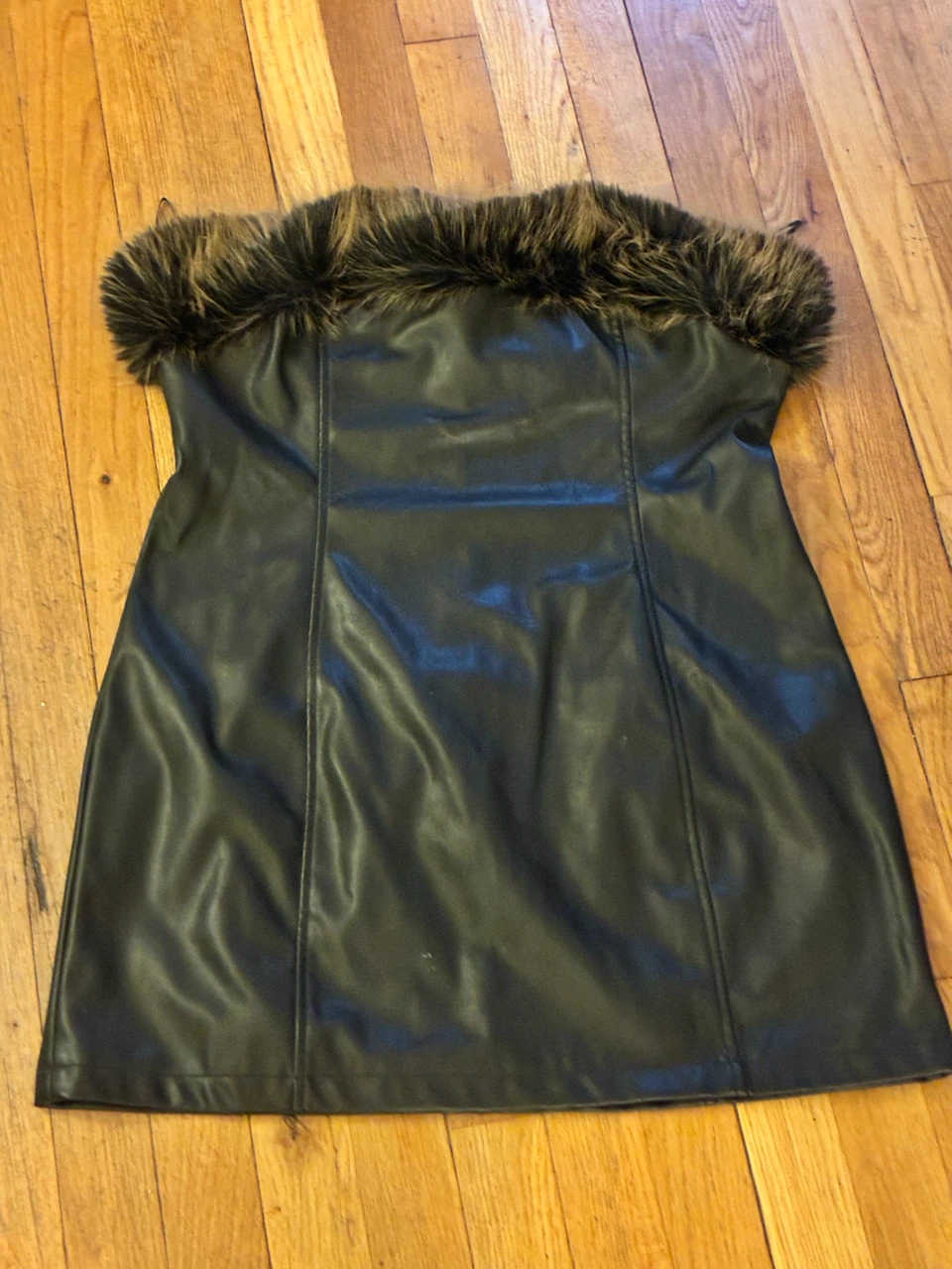 Black Faux Leather Strapless Dress with Faux Fur Trim - photo 2