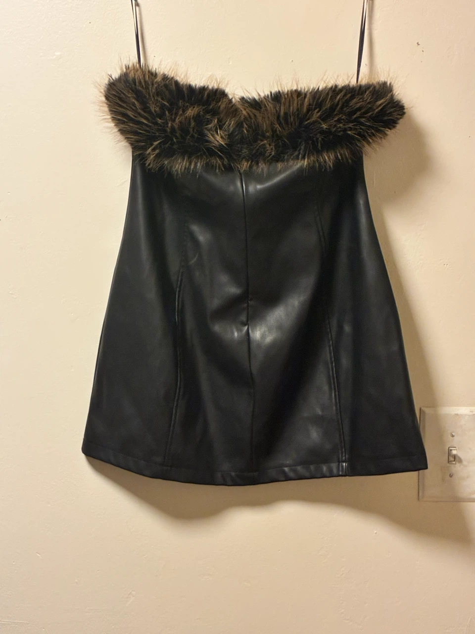 Black Faux Leather Strapless Dress with Faux Fur Trim - photo 4