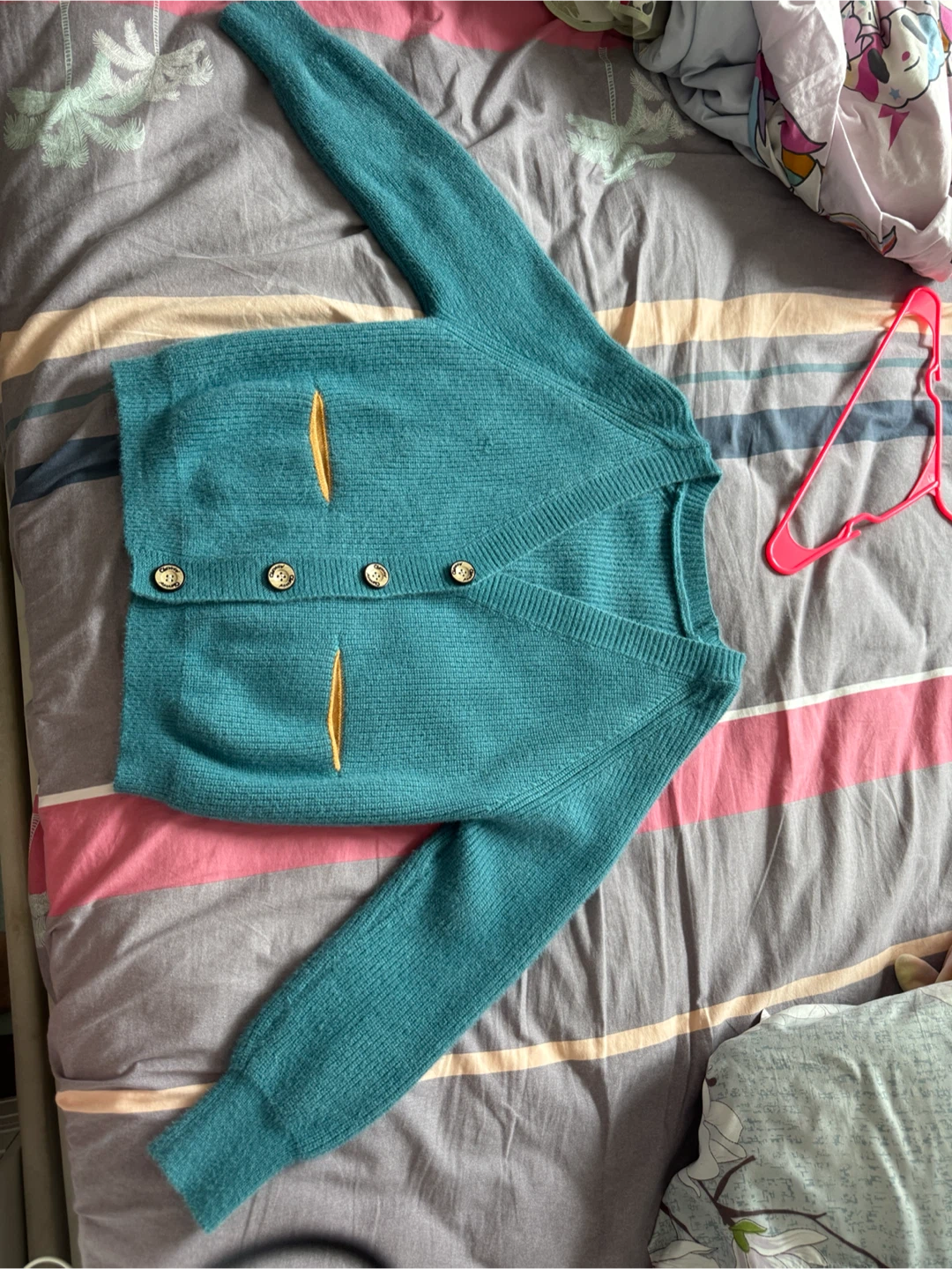 Teal Cardigan with Mustard Pockets