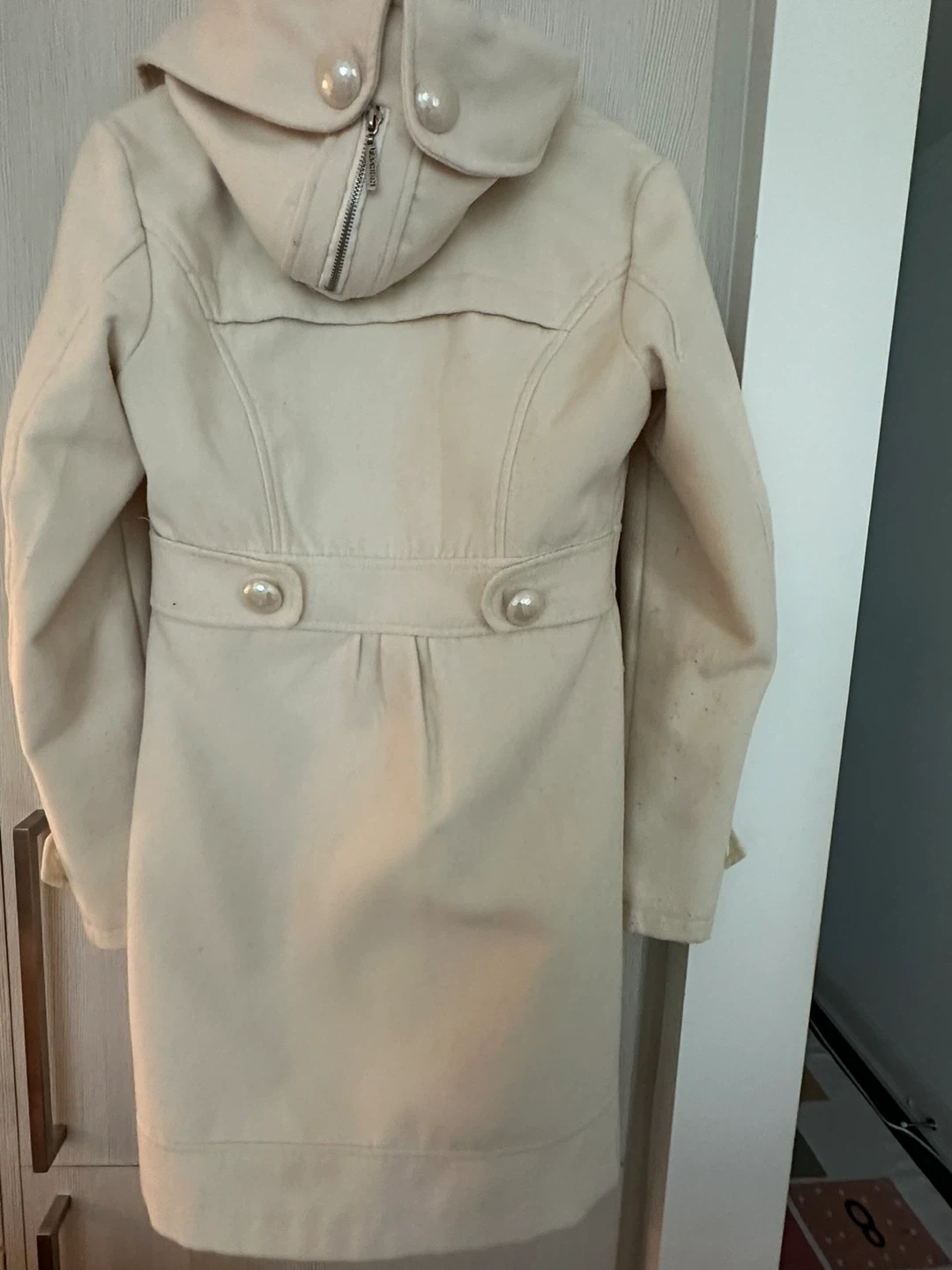Cream White Wool-Blend Coat with Hood