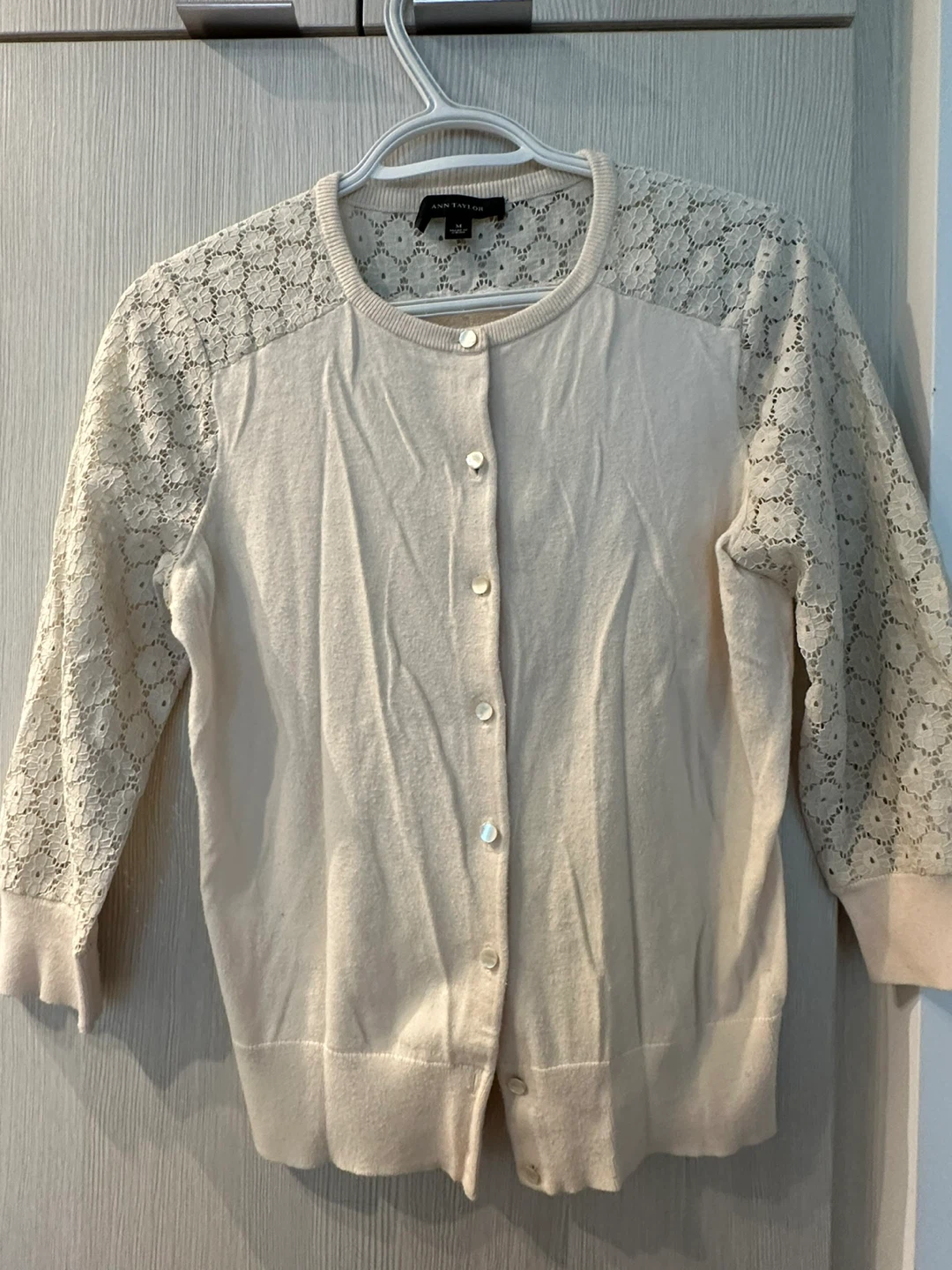 Ann Taylor Cream Cardigan with Lace Detail
