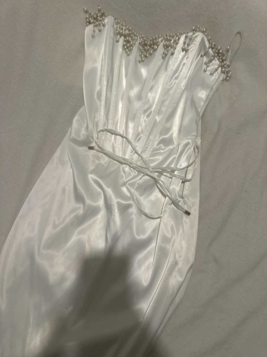 White Satin Corset Dress with Pearl Detailing