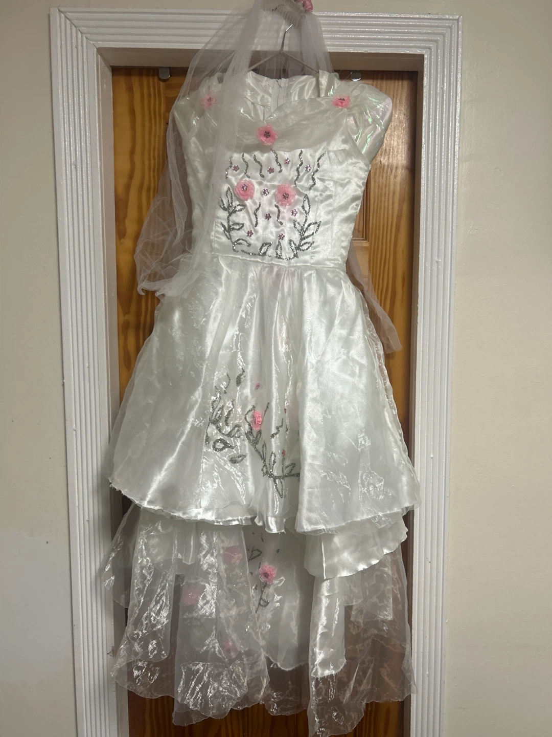 Girls White and Pink Floral Dress with Veil