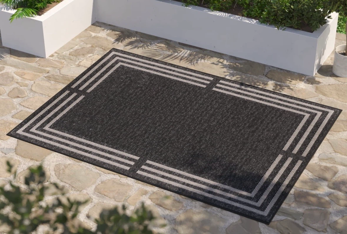 Brand New Black and Grey Striped Outdoor Area Rug