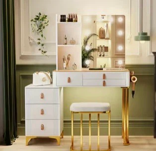 Modern White and Gold Makeup Vanity with Lighted Mirror