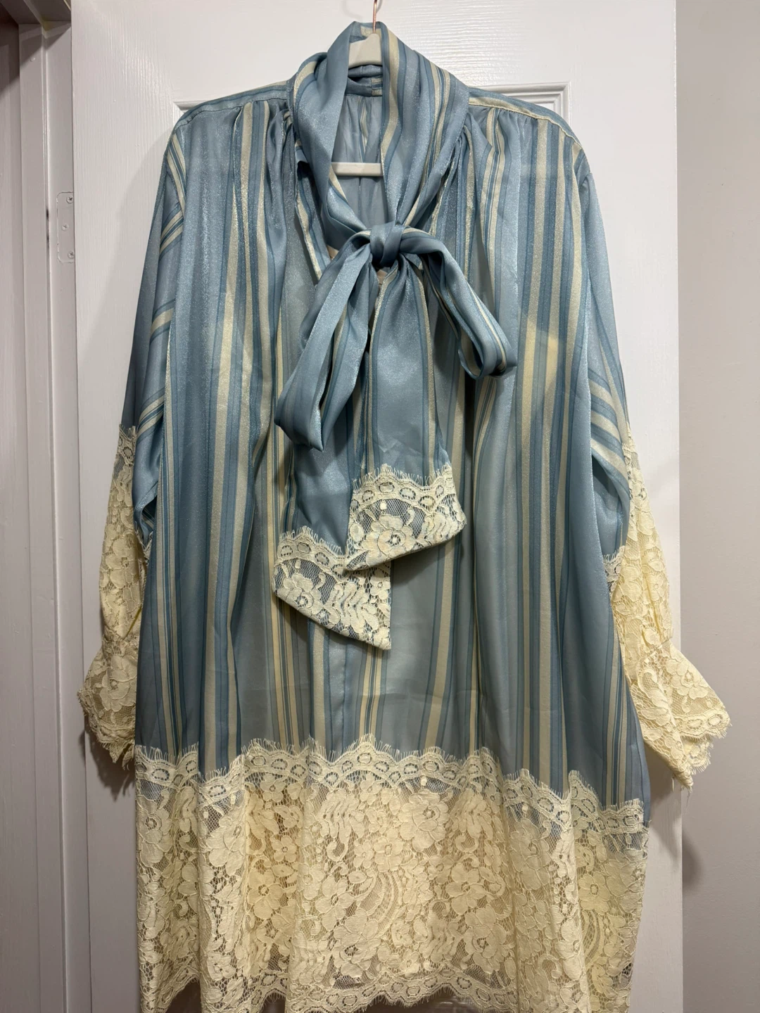 Vintage Striped Silk Blouse with Lace Trim