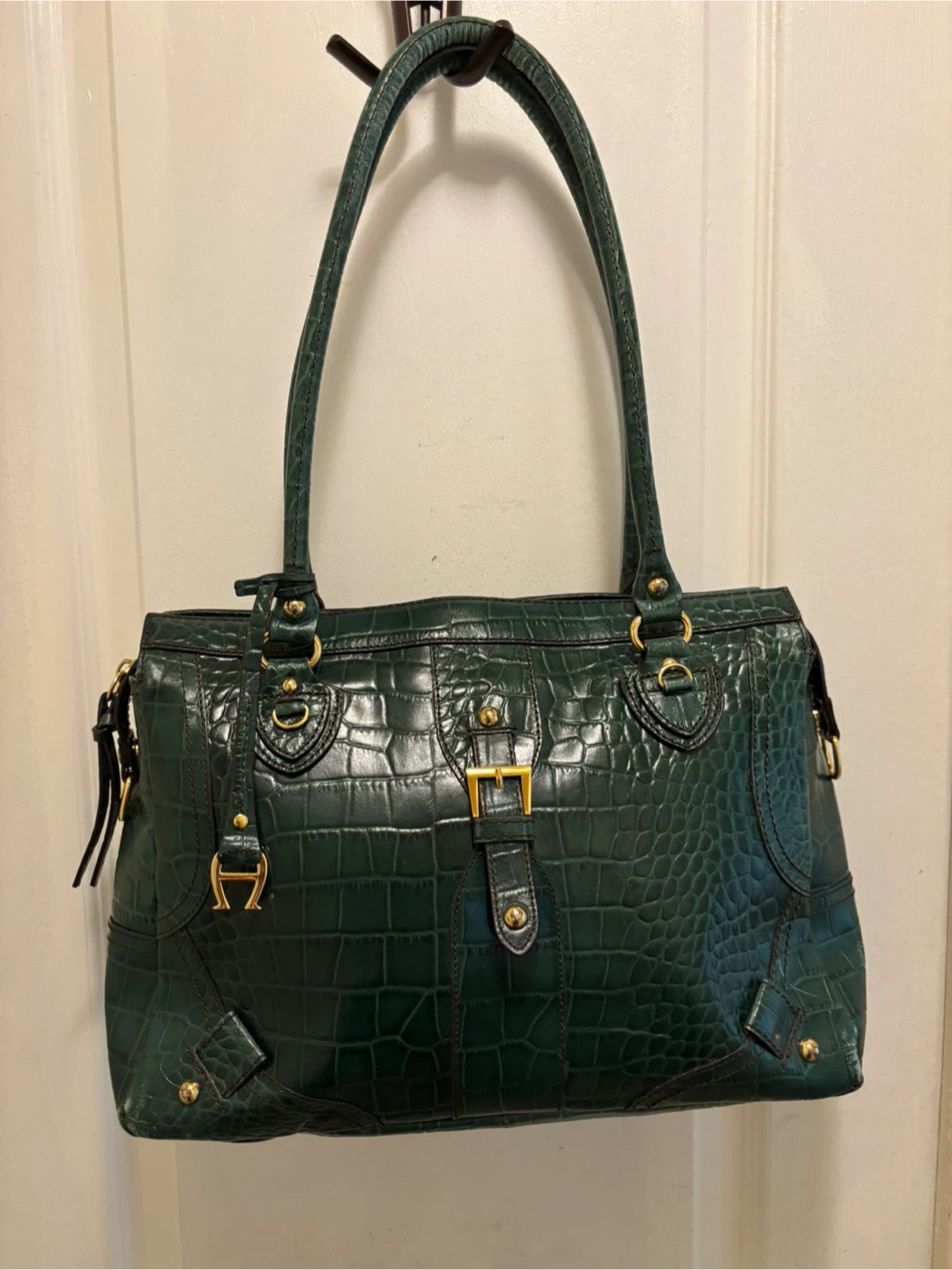 Etienne Aigner Green Crocodile-Embossed Handbag