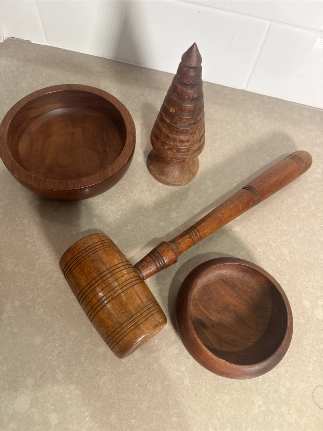 Vintage Hand-Carved Wooden Kitchen Set