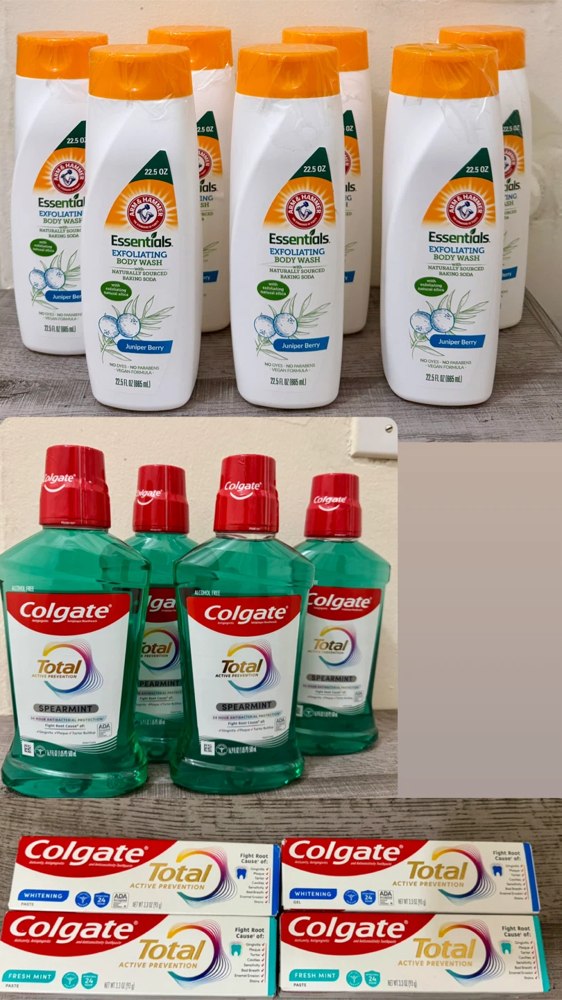body wash, mouthwash, toothpaste
