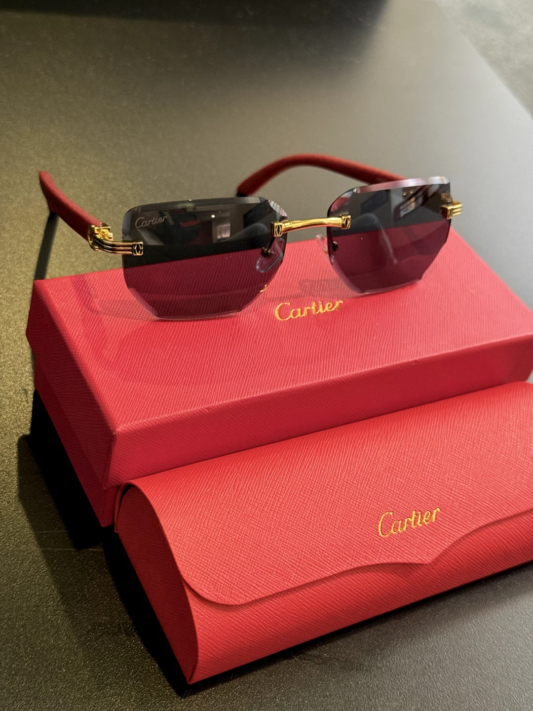 Cartier rimless sunglasses with red wood-finish temples - photo 2