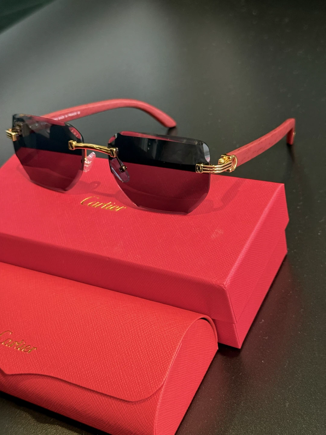 Cartier rimless sunglasses with red wood-finish temples - photo 3