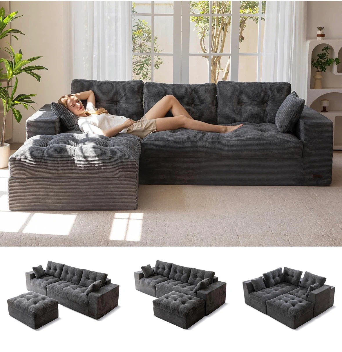 New 104" L Shaped Modular Sectional Sofa with Ottoman