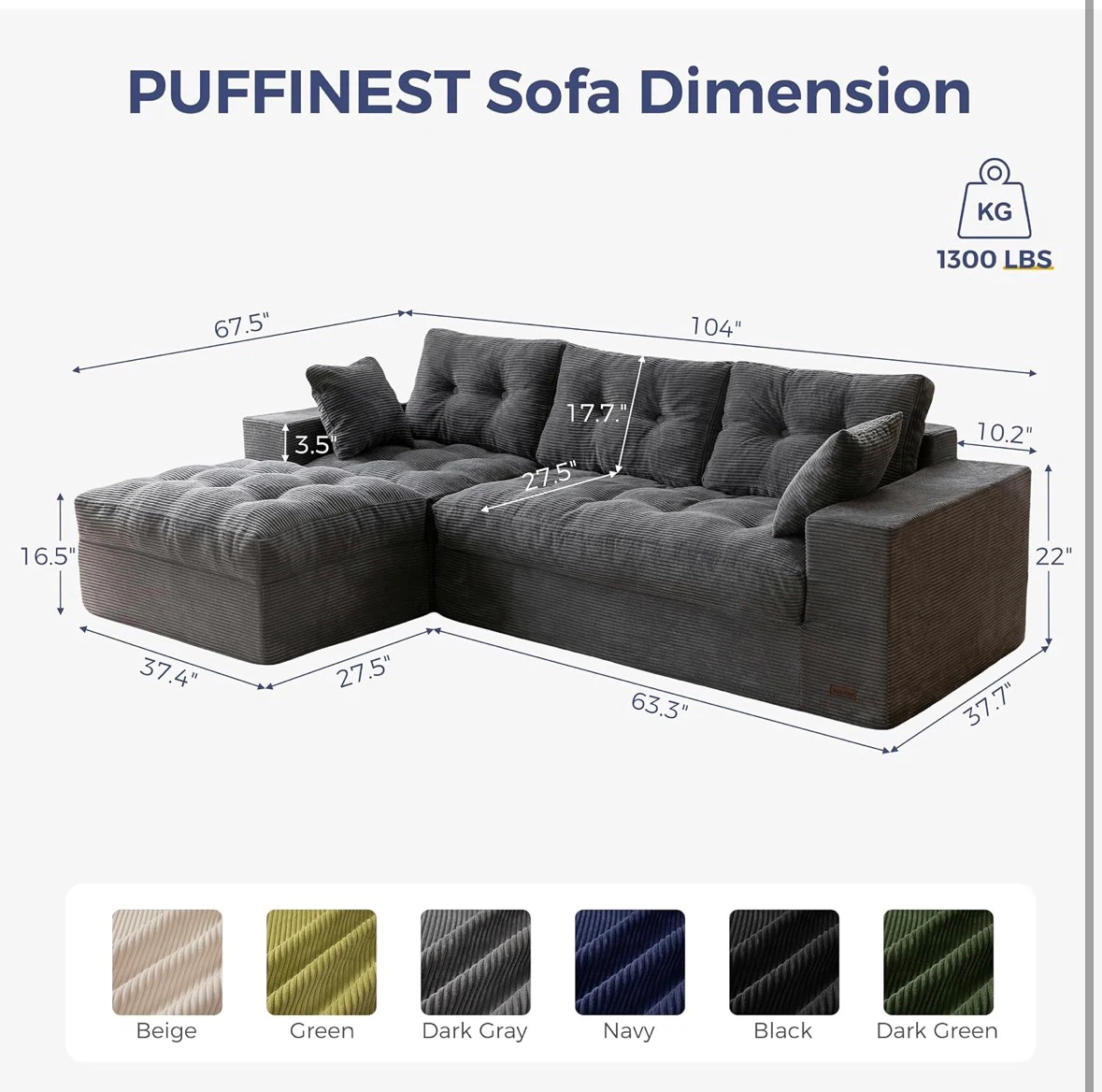New 104" L Shaped Modular Sectional Sofa with Ottoman - photo 2