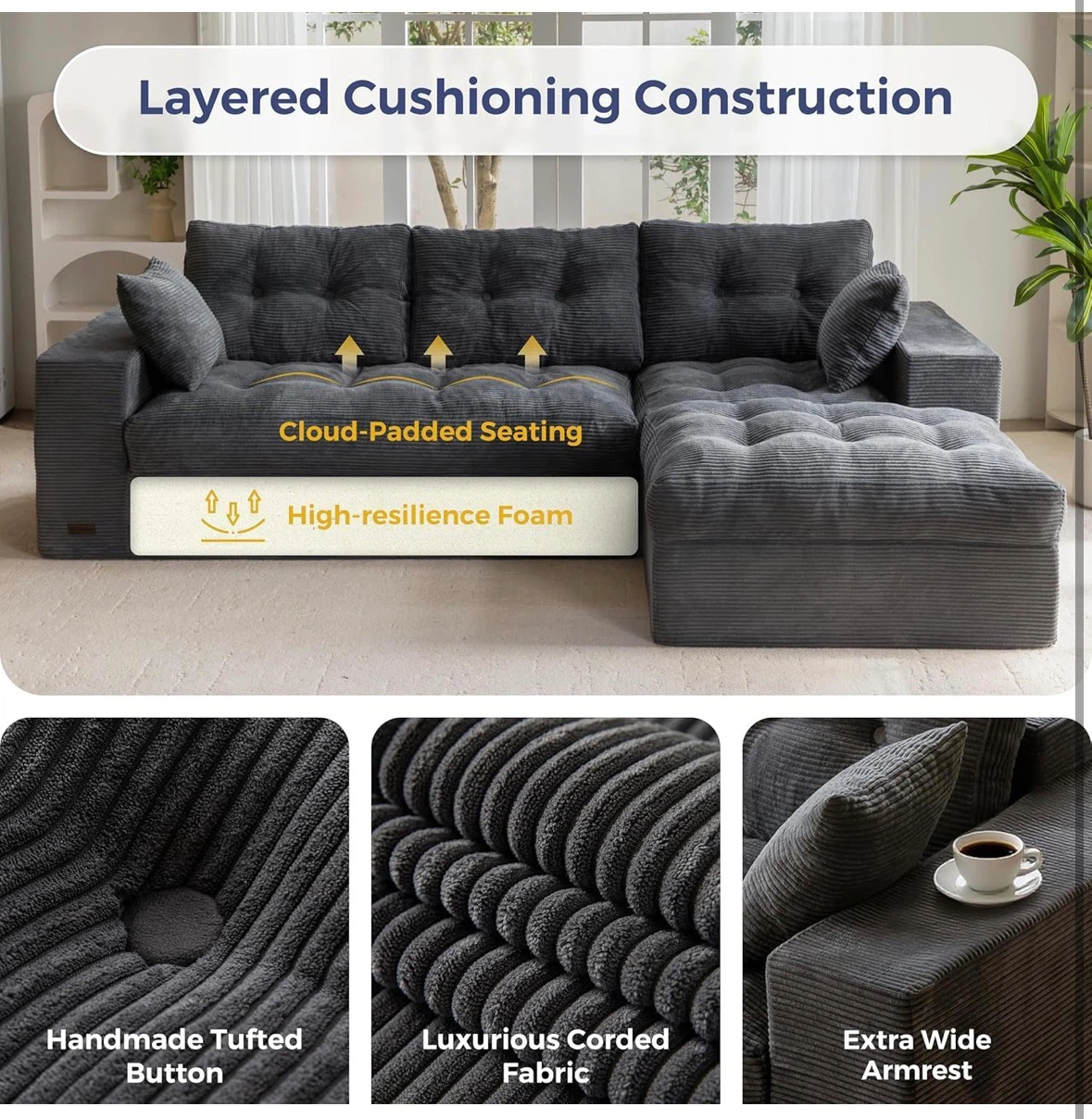 New 104" L Shaped Modular Sectional Sofa with Ottoman - photo 5