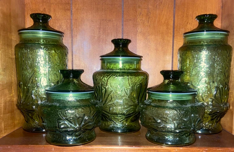 Vintage Emerald Green Glass Canister Set - 5 Piece