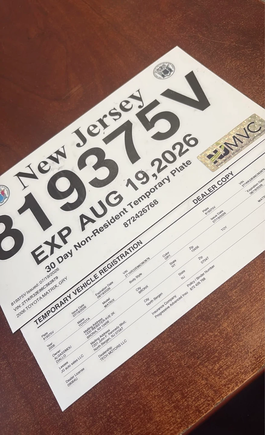 NJ Temporary Tag 30 days
