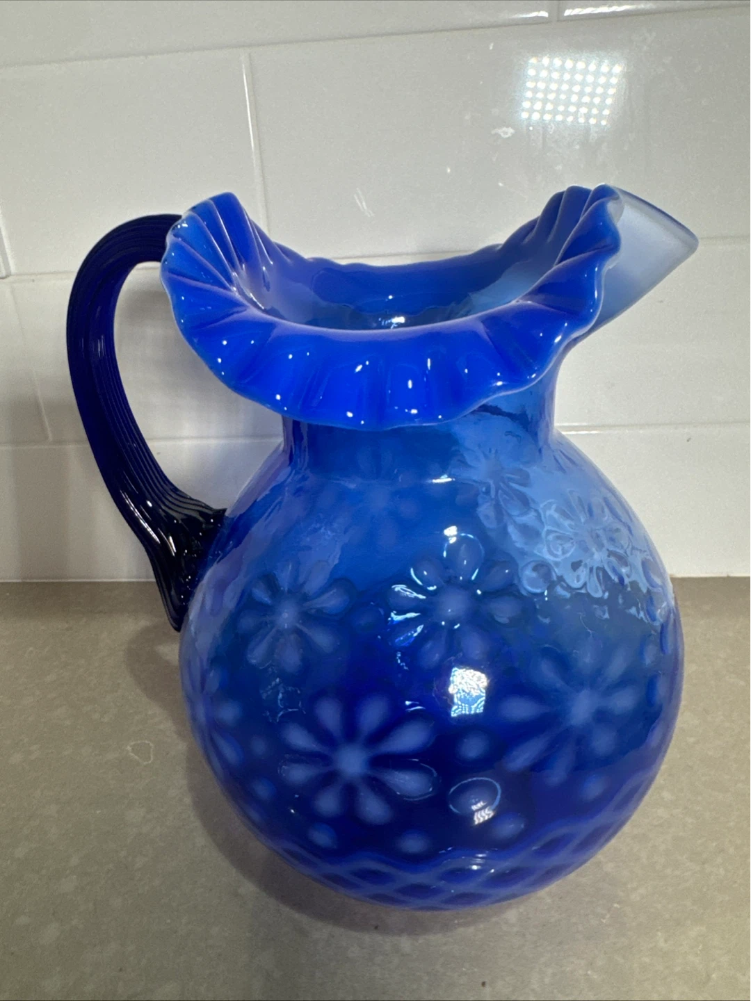 Vintage Blue Hobnail Flower Pitcher