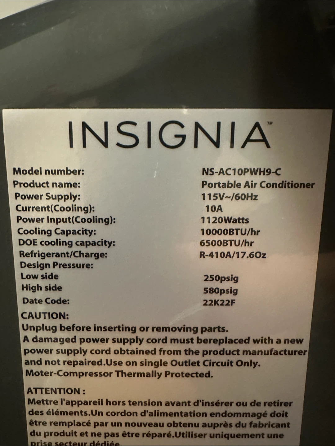MOVING SALE Insignia 10000BTU/hr Portable Air Conditioner - photo 3