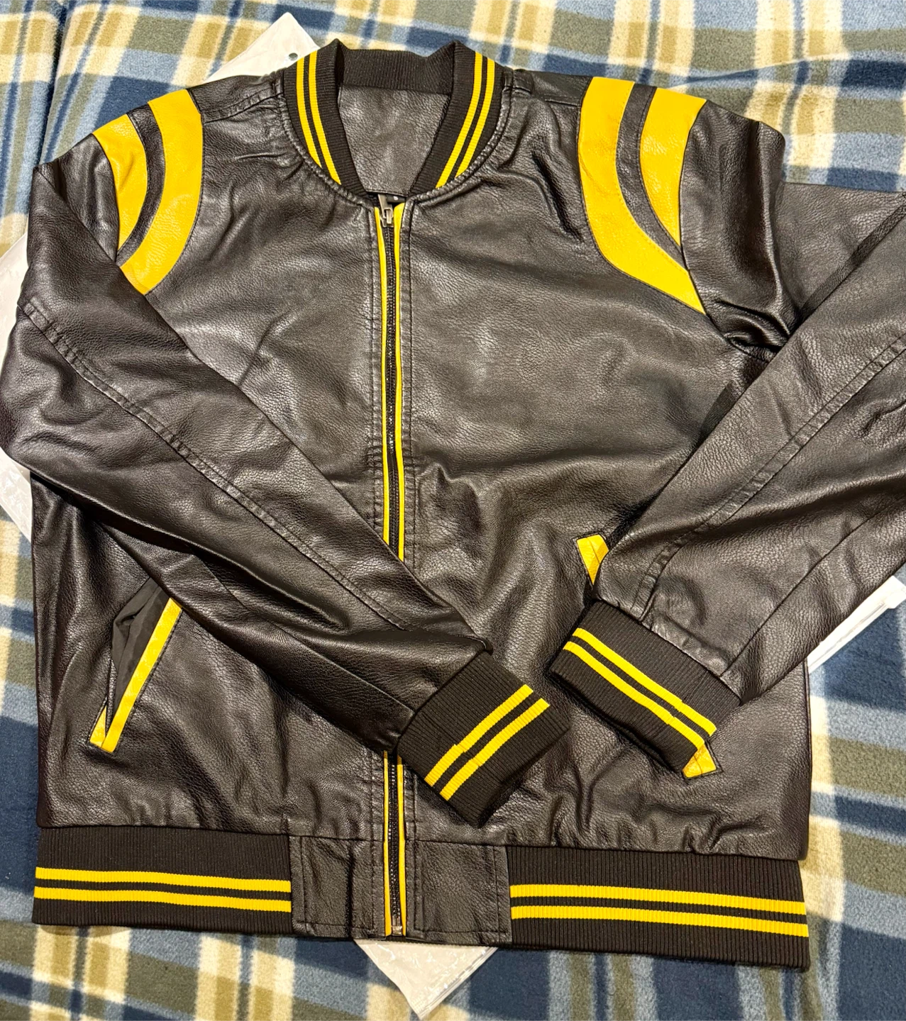 Black and Yellow Faux Leather Varsity Jacket-New