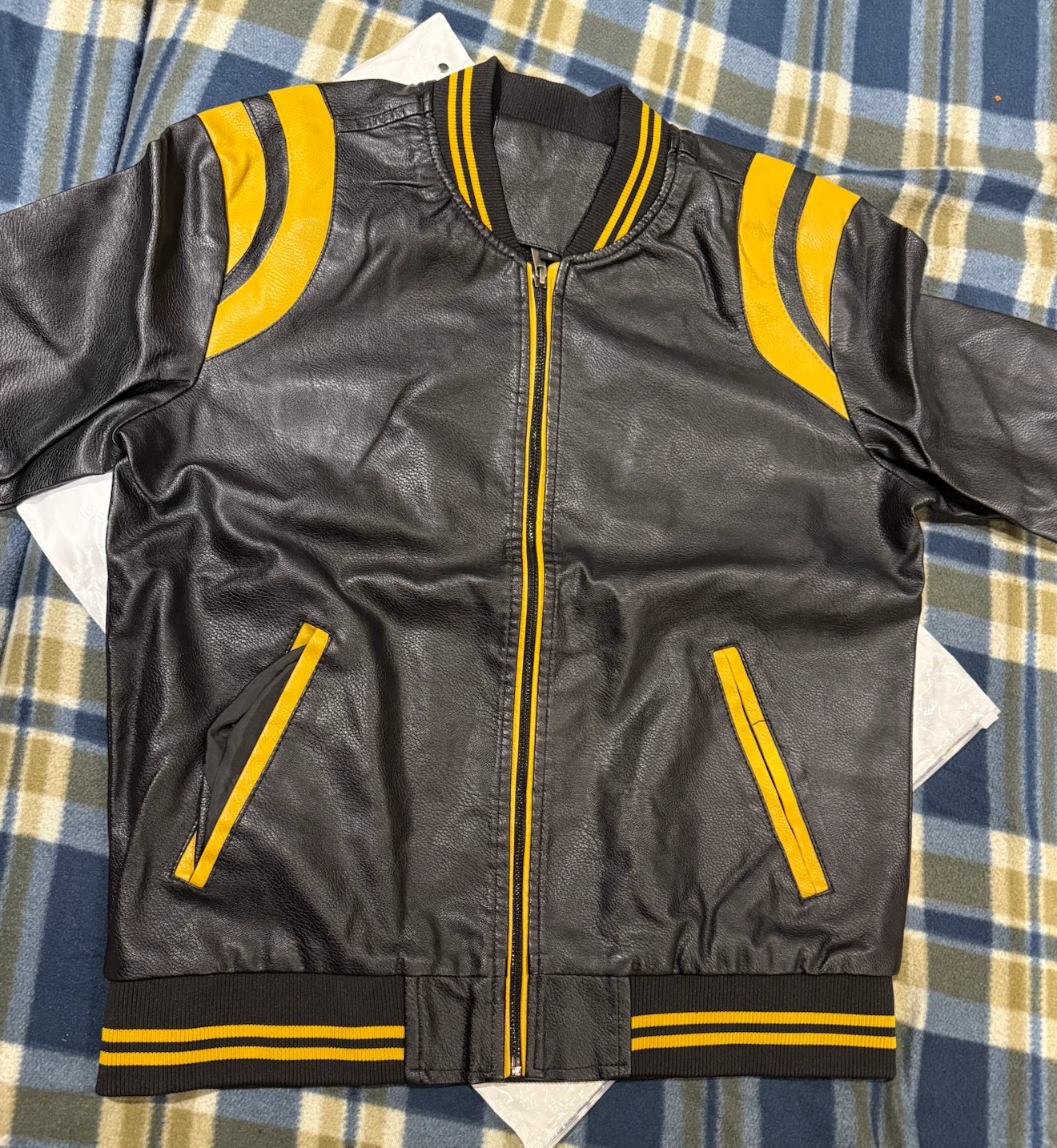 Black and Yellow Faux Leather Varsity Jacket-New - photo 2