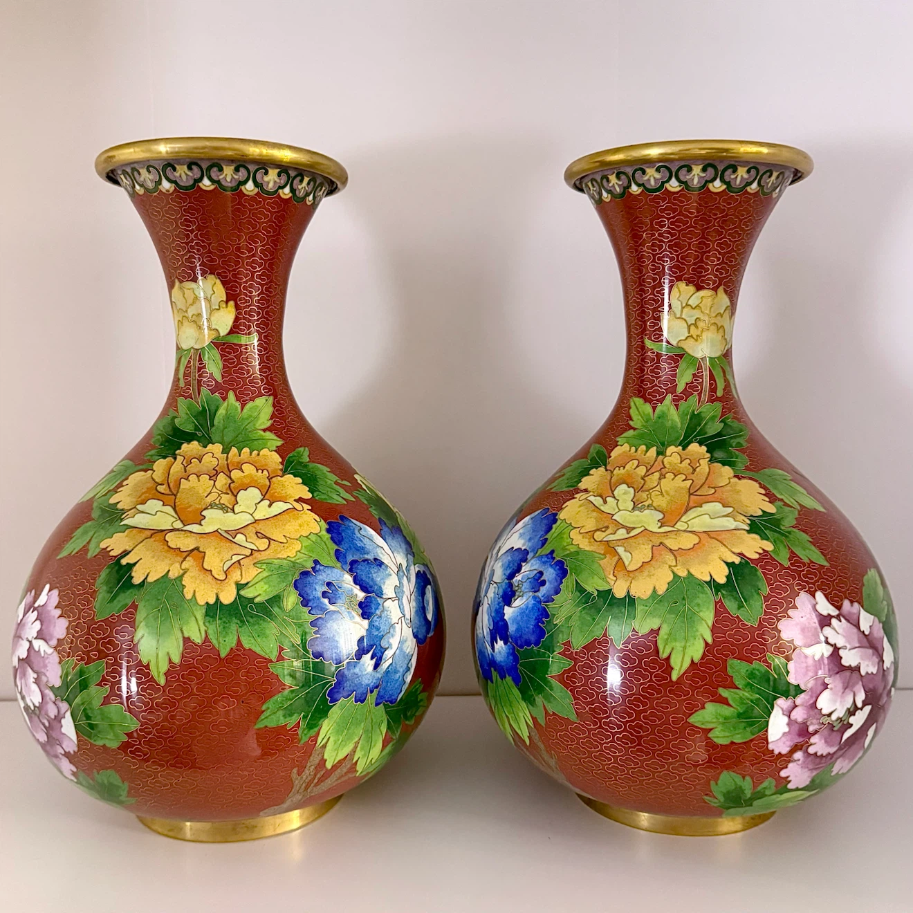 Pair large cloisonné peony vases
