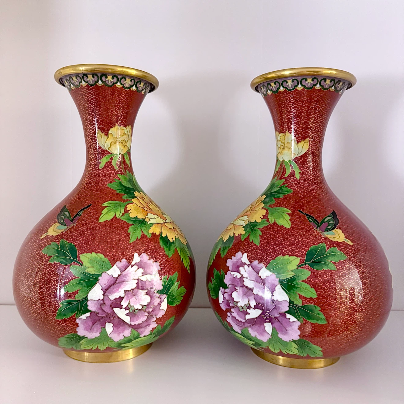 Pair large cloisonné peony vases - photo 2