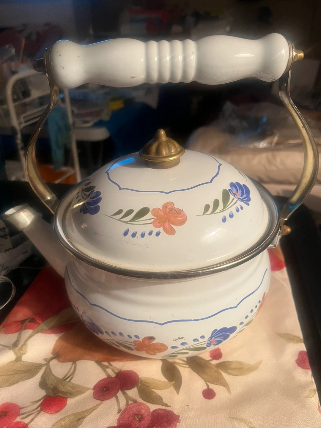 Vintage Enamel Floral Tea Kettle