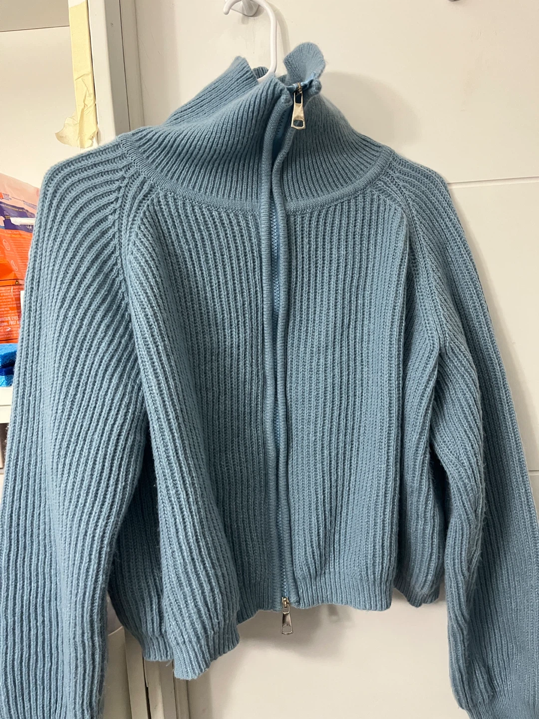 Blue Ribbed Zip-Up Knit Sweater
