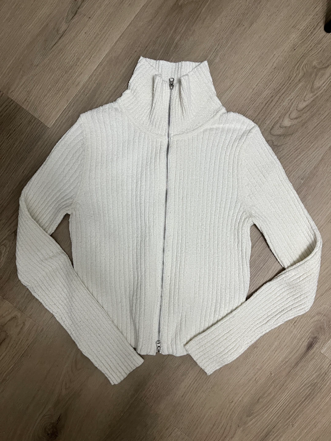 White Zip-Up Ribbed Sweater